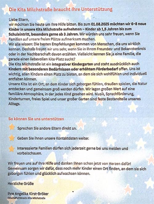 Die Kita Milchstrasse braucht Ihre Unterstützung